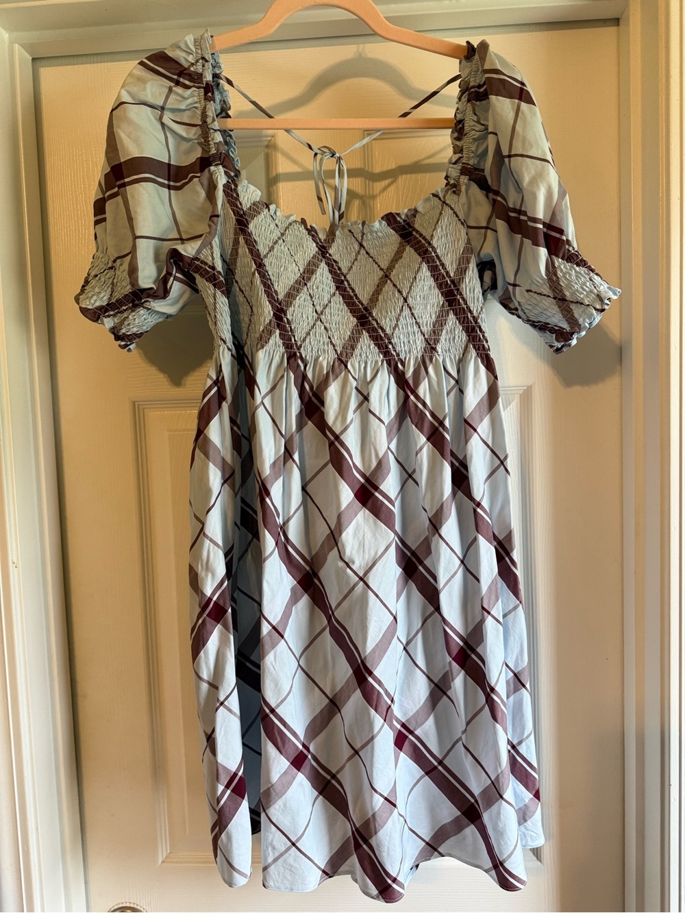 Hill House Mini Dress in Light Blue and Brown Plaid